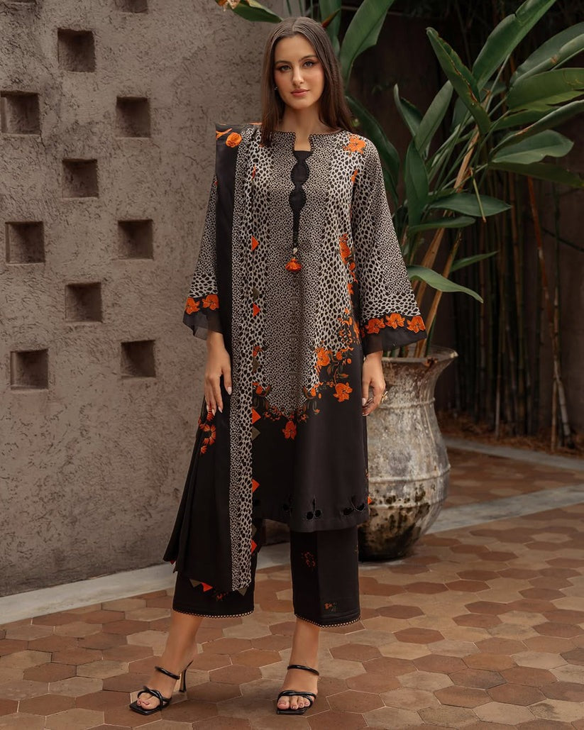 3 Piece - Unstitched Digital Printed Khaddar Fabric With Embroidered Laces