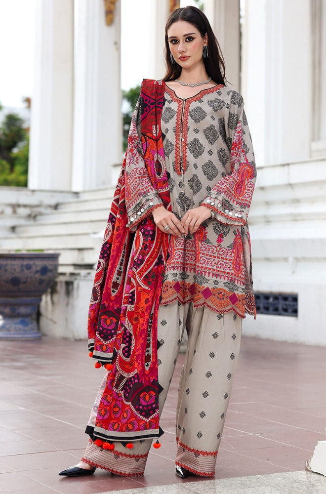 3 Piece - Unstitched Digital Printed Khaddar Fabric With Embroidered Laces CH-75