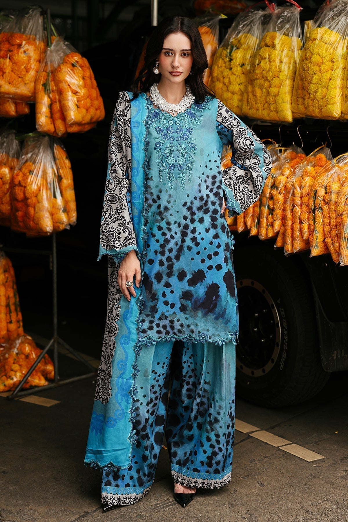 3 Piece - Unstitched Digital Printed Khaddar Fabric With Embroidered Laces CC-81 B